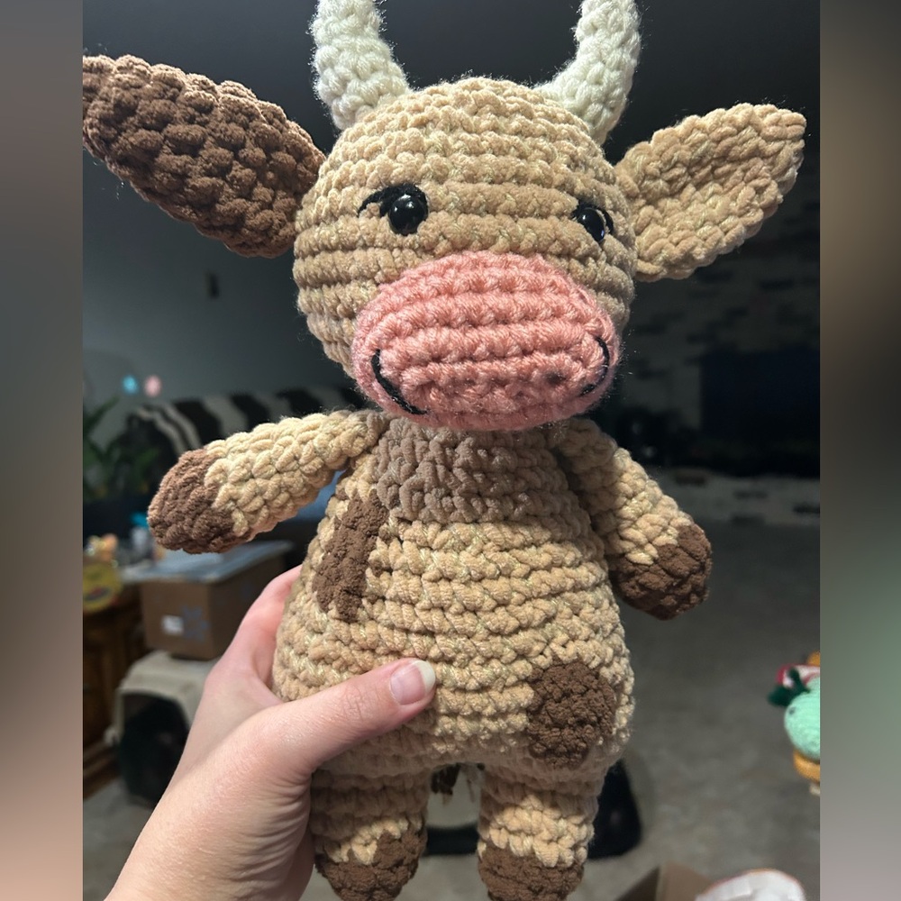 Handmade Crochet Cow Plush Toy - Brown and Cream